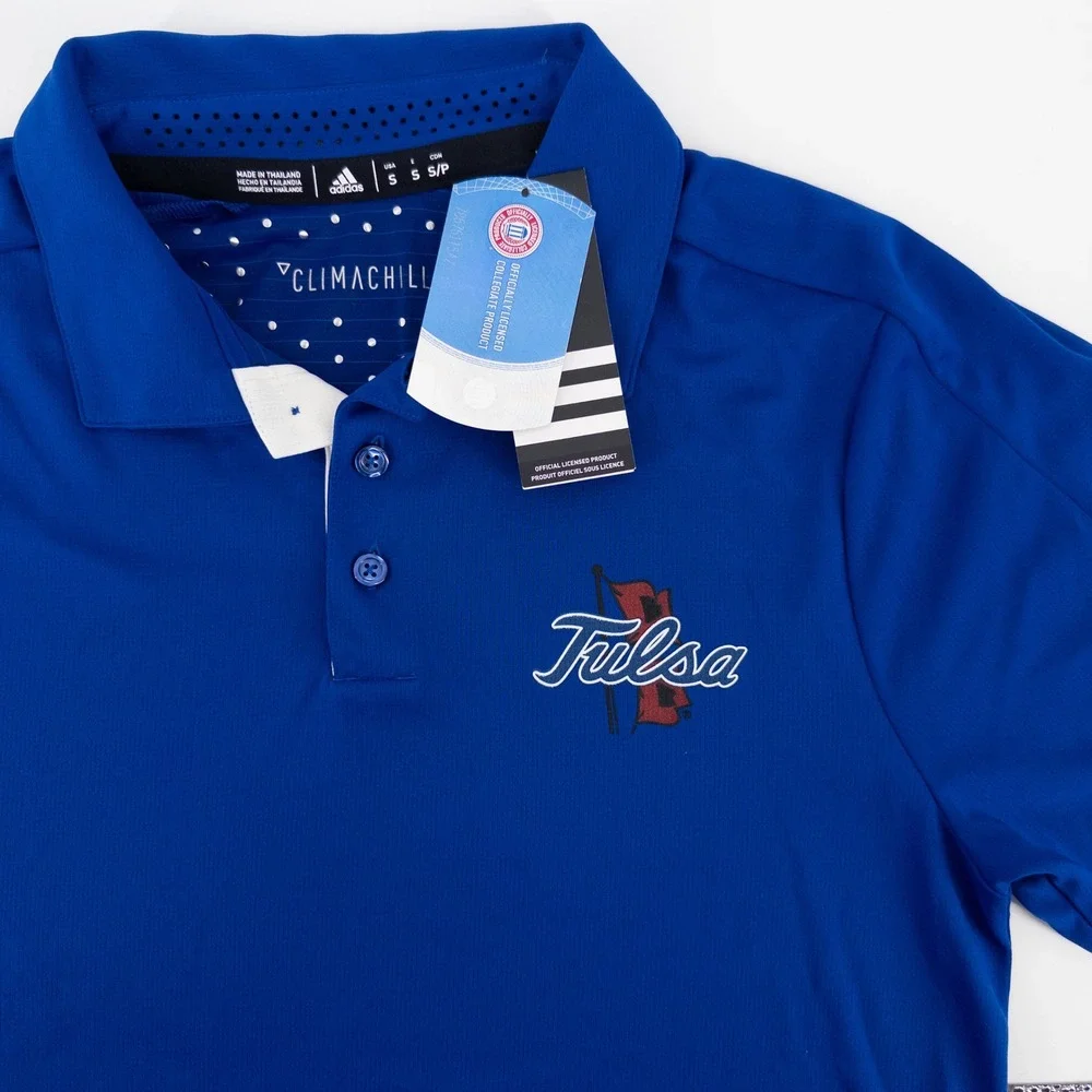 NWT Adidas University of Tulsa Mens Small Polo Shirt Blue‎ Climachill Athletic